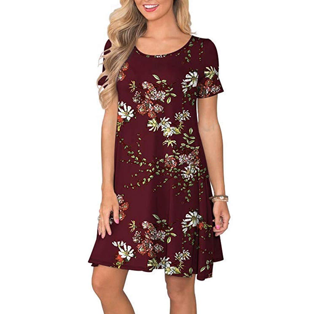 LOPILY Elegant Blouse Women Summer Short Sleeve Floral Printed Pockets Sundress Casual Swing Dress Shirts Bodysuits