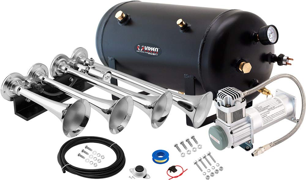 Vixen Horns Train Horn Kit for Trucks/Car/Semi. Complete Onboard System- 200psi Air Compressor, 5 Gallon Tank, 4 Trumpets. Super Loud dB. Fits Vehicles like Pickup/Jeep/RV/SUV 12v VXO8350/4124XC