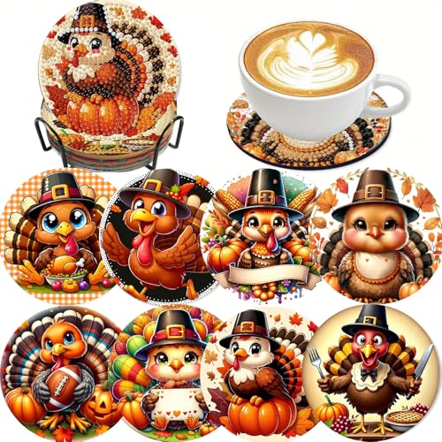LWZAYS 8 Pcs Turkey Diamond Art Coasters Kit - DIY 5D Fall Thanksgiving Diamond Painting Coasters with Holder Small Mini Diamonds Arts Kits for Adults Coaster Gem Art Arts and Crafts for Adults