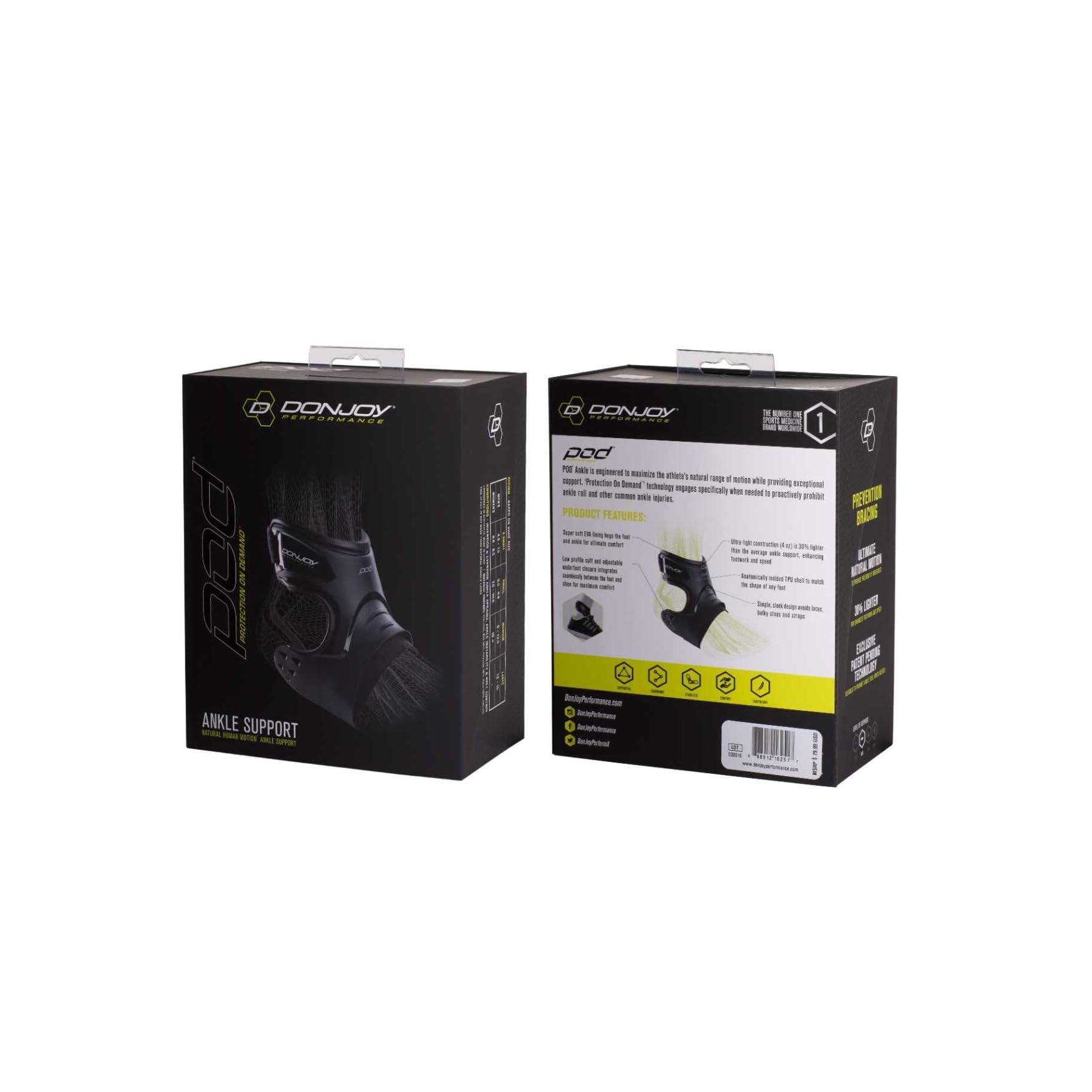 DonJoy Performance - Tobillera con soporte POD®, el mejor apoyo para conseguir estabilidad, para los esguinces de tobillo y torceduras provocadas por el fútbol americano, fútbol, baloncesto, lacrosse, voleibol - DP151AB05-BLK-XS-R, Pie derecho, XS, Negro