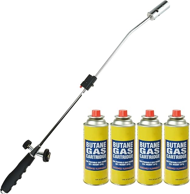 Weed Burner Killer Wand Butane Gas Canister Blowtorch Adjustable Flame Garden Outdoor Destroys Moss Fungus - Weed Buner + 4 Gas Canisters
