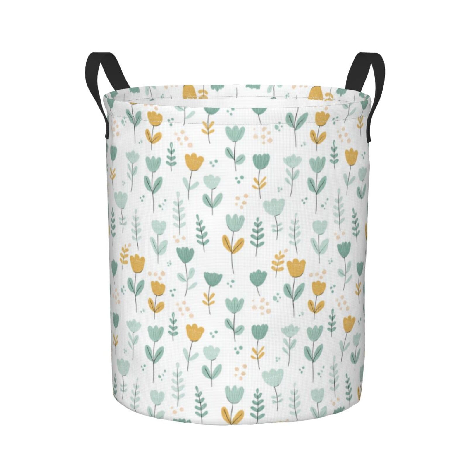Cesto Portabiancheria Flat Yellow Green Flower 50X40Cm | Cesto Portabiancheria Sporca Große Con manici Contenitore per Camera da letto Casa