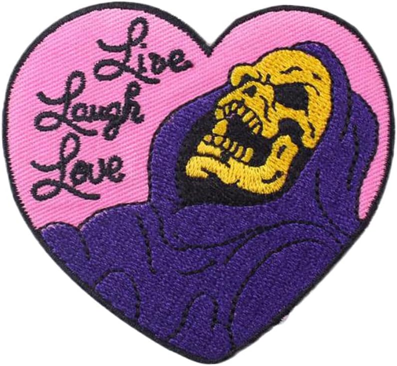 Live Laugh Love Heart Patch Skeleton Applique Iron On Sew On Skull Heart Patch Sticker for Jackets Jeans Pants Backpacks Clothes, Multicolor, WJH-YF5