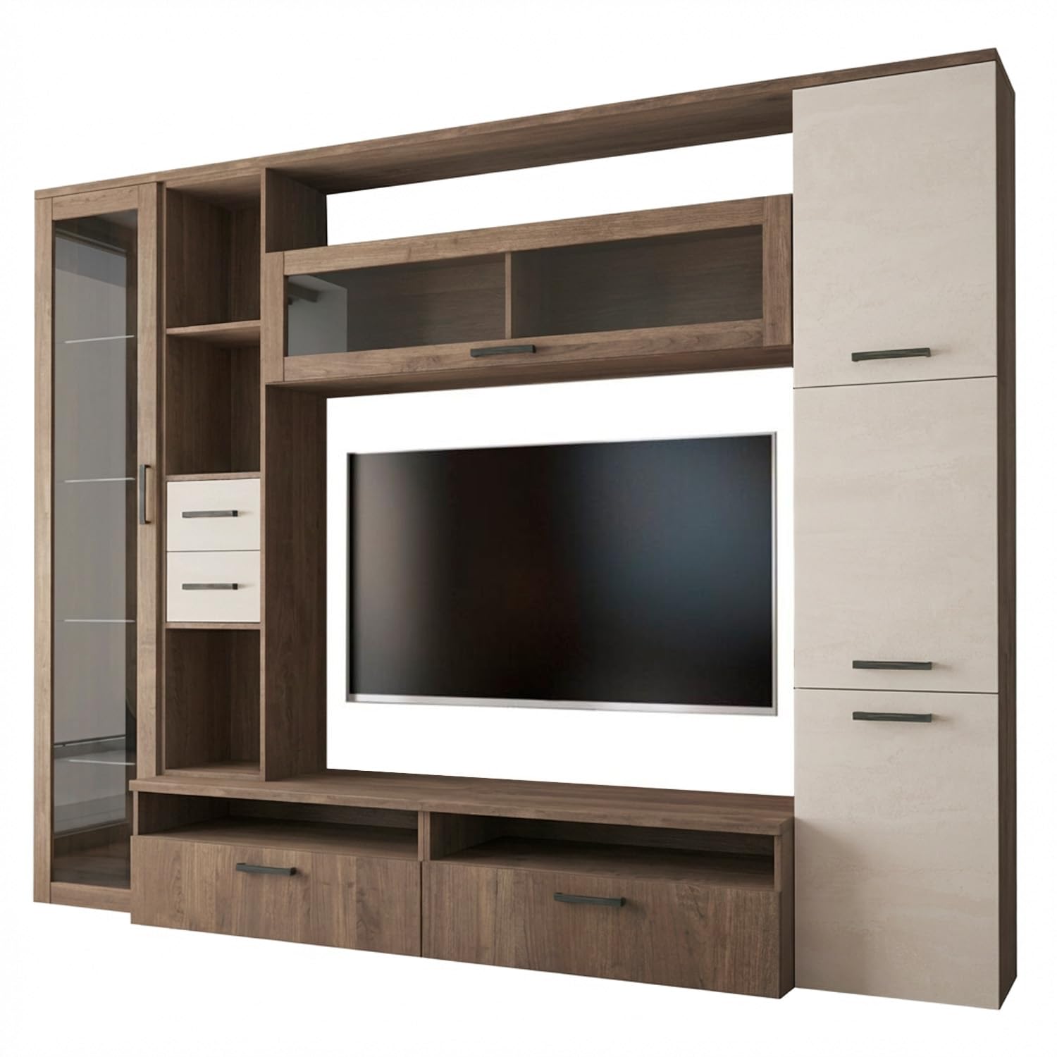 Arreditaly Parete Attrezzata Soggiorno Mobile Porta TV Con Vetrina E Cassetti Design Moderno Industrial Chic Con Ampio Vano TV Per Salotto Zona Living 270 x 213 x 50 Cm (Noce Spatolato)