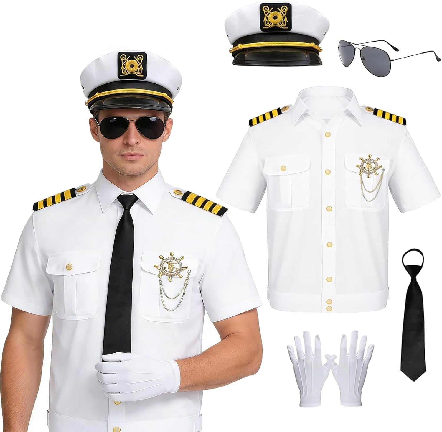 Men's Sailor Captain Short-Sleeved Yacht Party Costume, Adult Yacht Accessories Set with Captain Hat Suitable