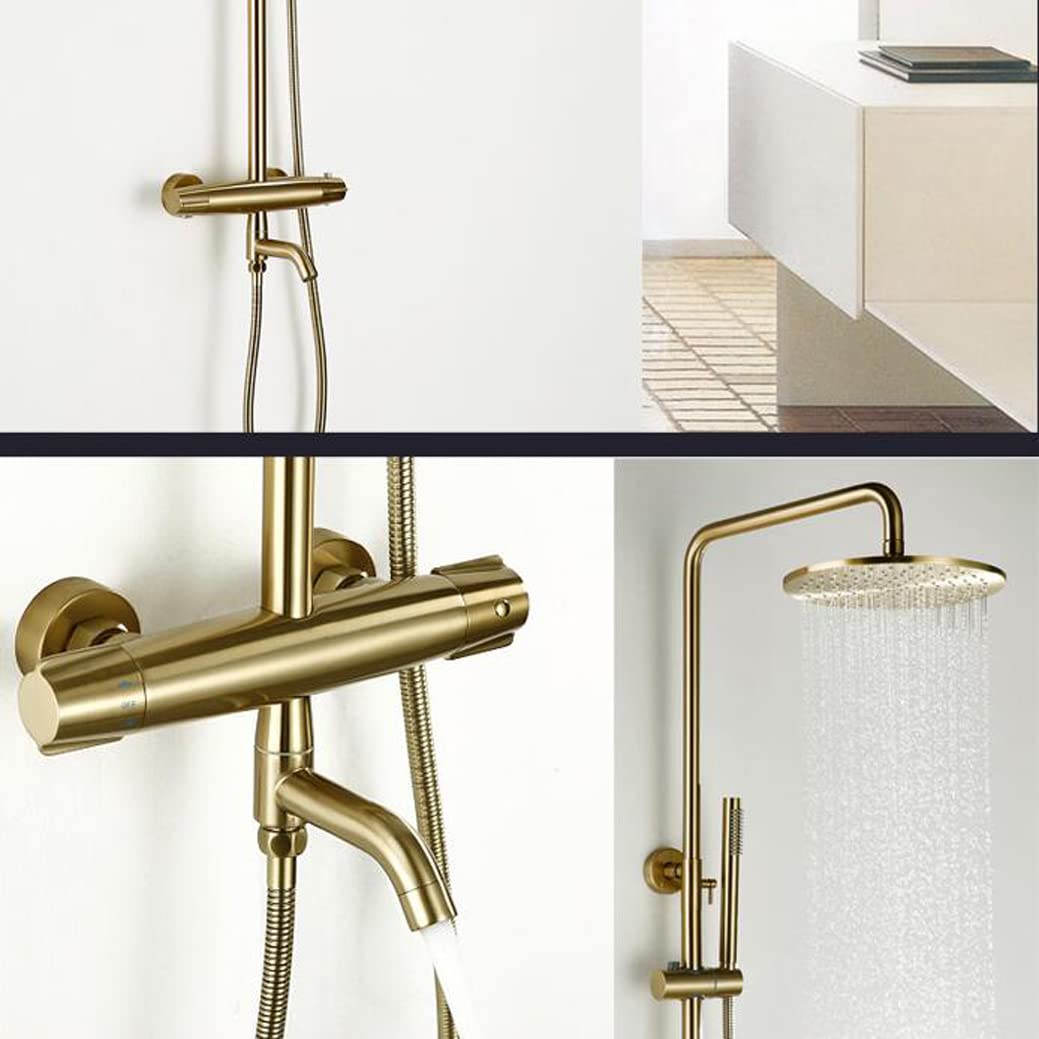 Sistema de ducha, grifos de ducha termostáticos montados en la pared de oro cepillado conjunto mezclador inversor de latón ducha de baño con ducha de lluvia de 8 pulgadas y ducha de mano, juego