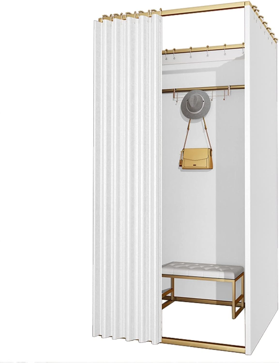 Cabine d'essayage d'angle blanche et dorée pour boutique