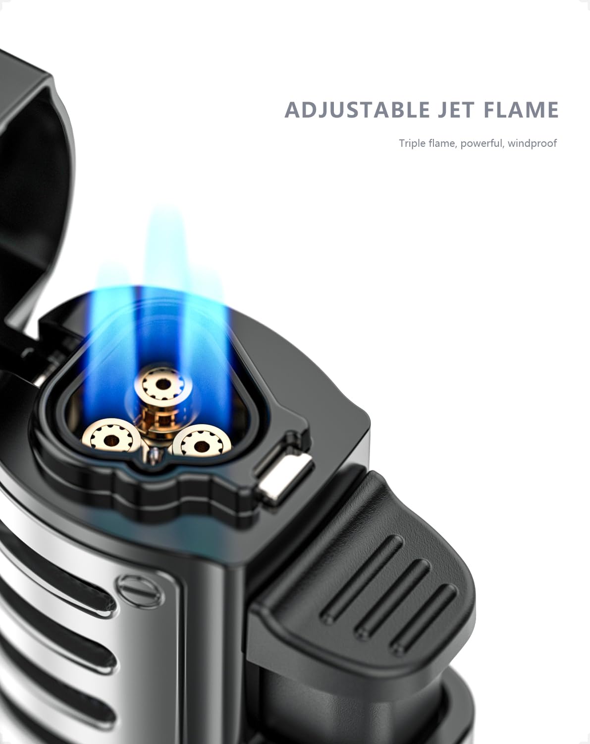 Accendino Jet Antivento A 3 Fiamme - Ricaricabile A Gas, Con Finestra Carburante - Foto 3