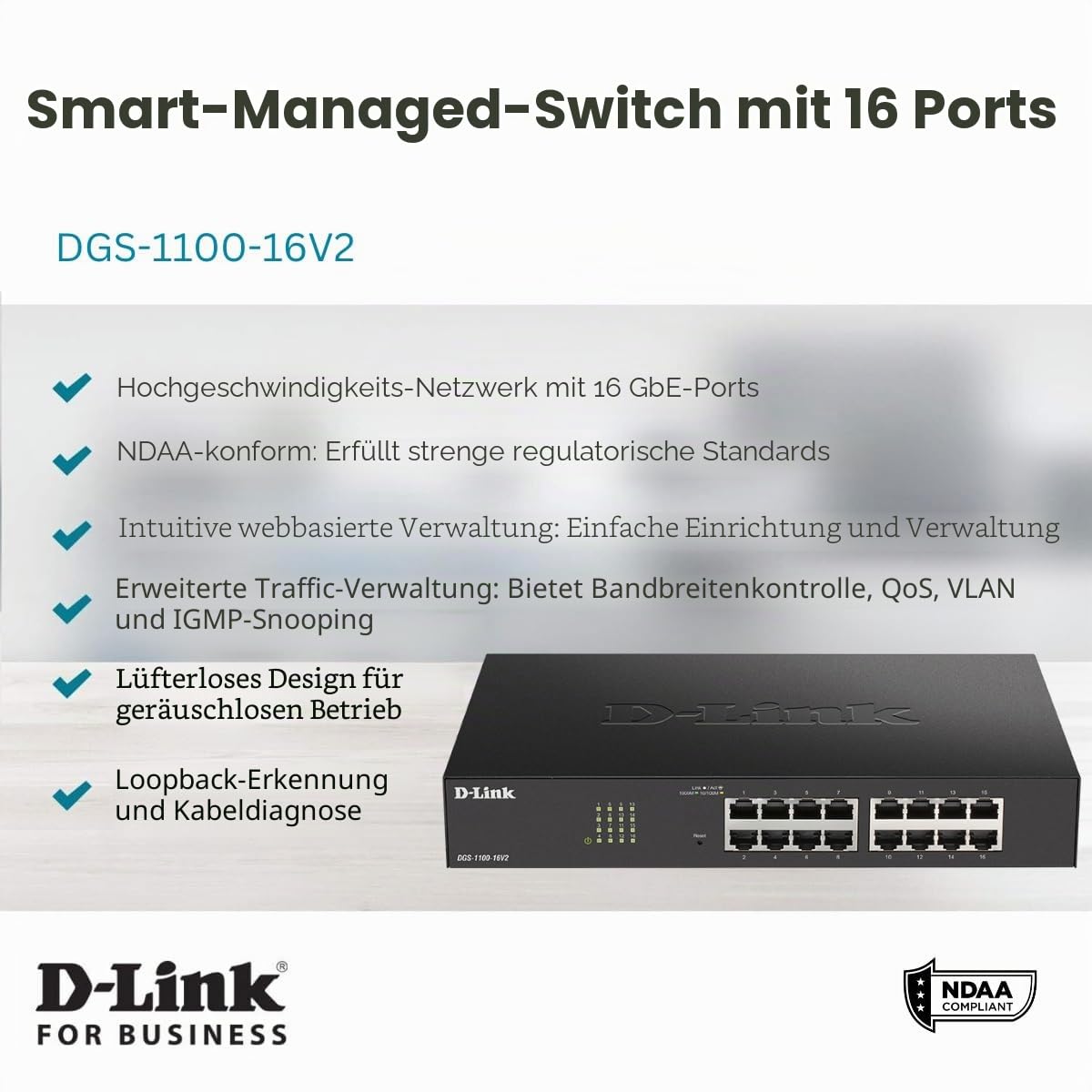 D-Link DGS-1100-16V2 16-Port Gigabit Smart Switch (10/100/1000 Mbit/S, Einfache Plug & PLAY-Installation, lüfterlos), Schwarz