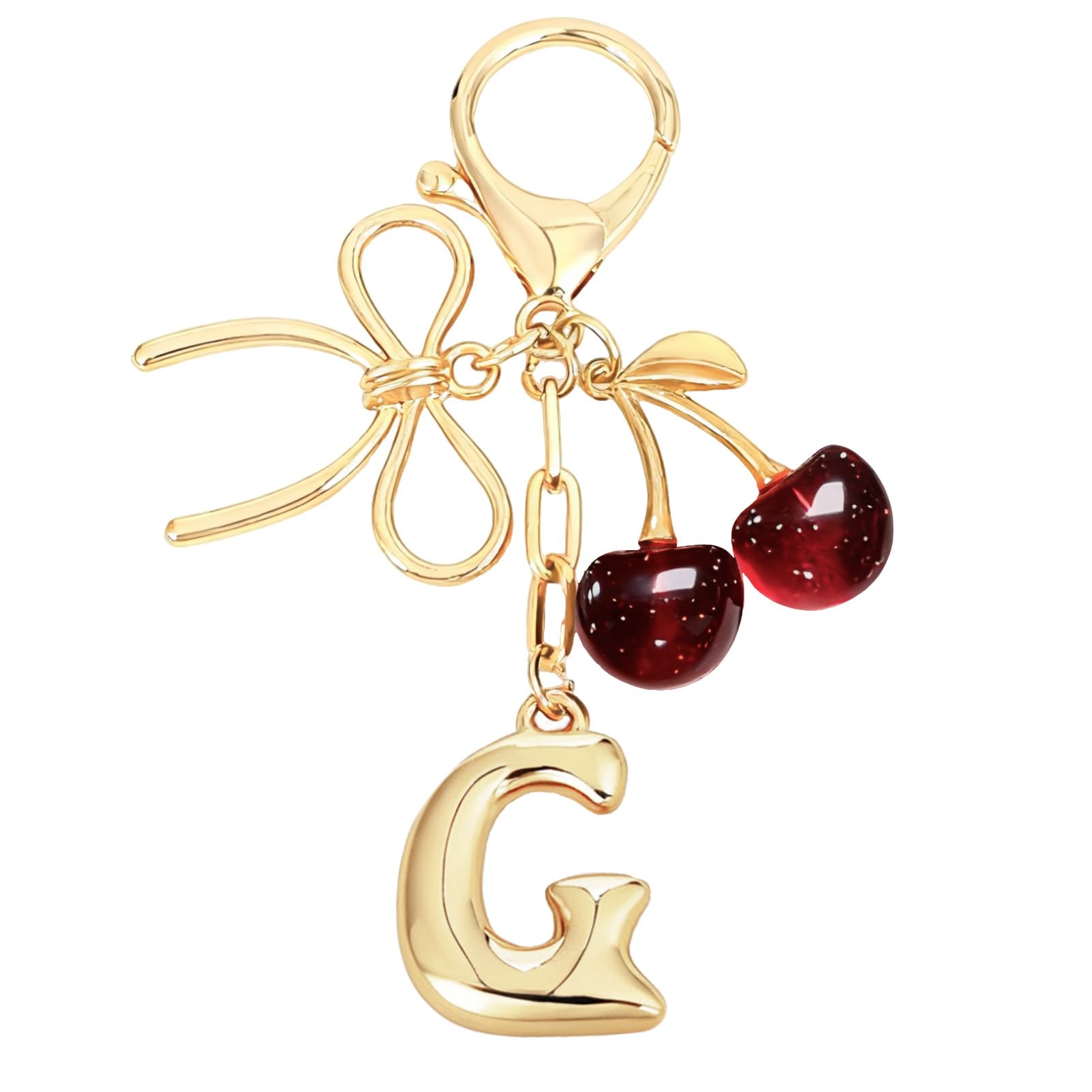 Snylcce Gold Initial Letter G Keychain with Bow & Deep Red Cherry Cute Bag Charm for Women Purse Accessories