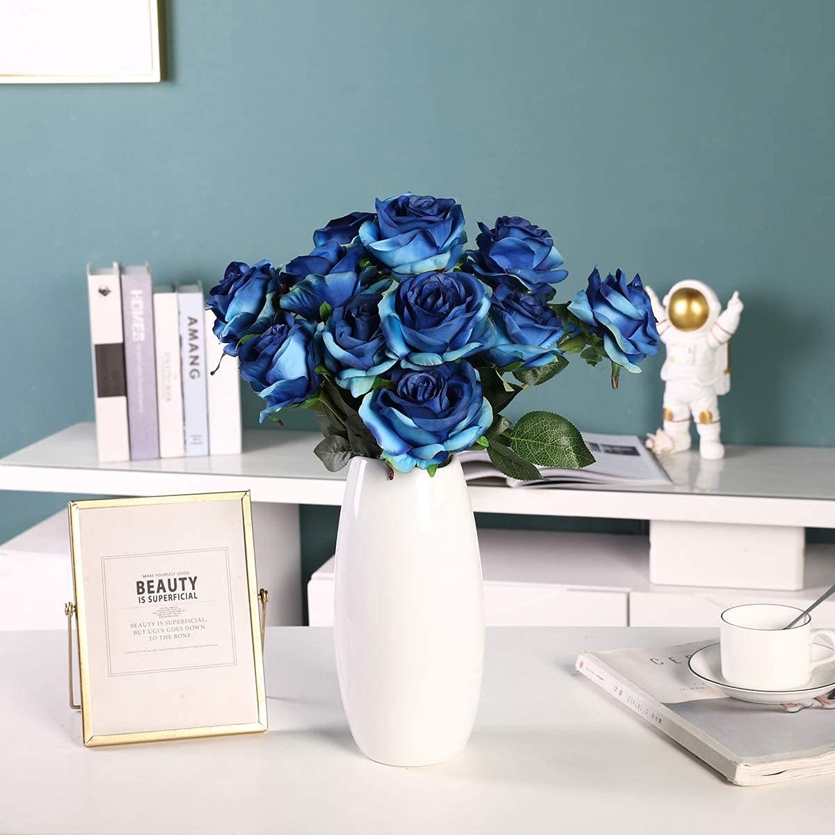 Kisflower 12Pcs Roses Artificial Flowers Fake Silk Rose Flowers Realistic Single Stem Flower Bouquet for Wedding Party Office Home Decor (Gradient Blue) - Image 4