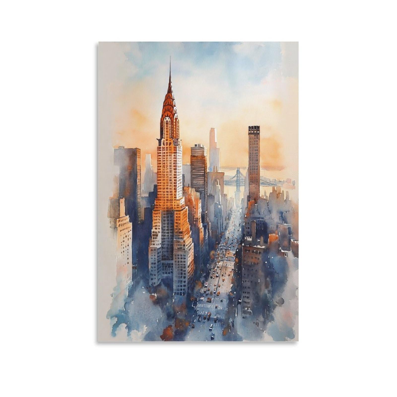XWYMXZ New York Skyline 20x30inch(50x75cm) Vintage Travel Poster Watercolor Canvas Art