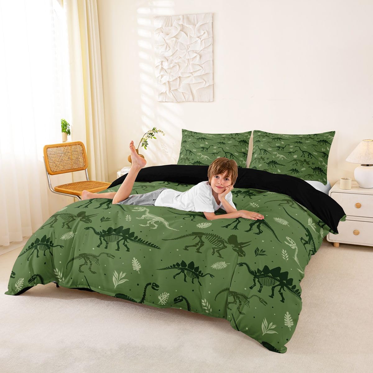 Dinosaur Skeleton Duvet Cover Set Twin Size,Army Green Dino Print Bedding Sets 2Pcs Kids Girls Boys Teens Room Decor,Tropical Palm Leaves Comforter Cover Wild Animals Plants Quilt Cover,1 Pillowcase