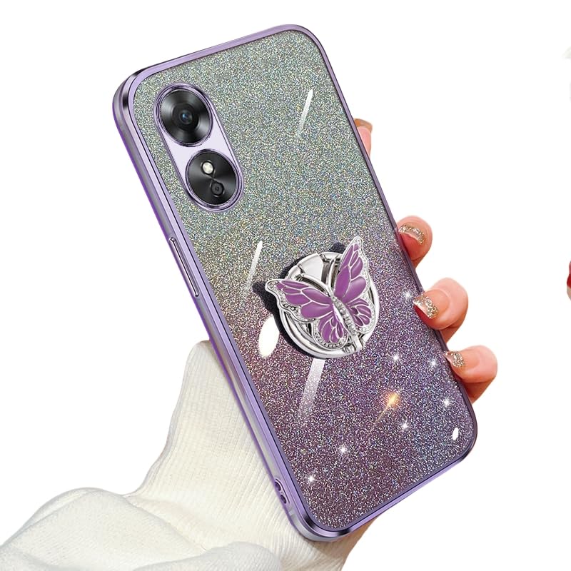 Slim Case for Oppo A17 Cover Electroplated Silicone with Bling Butterfly Stand Phone Case for Oppo A17 with Glitter Card Anti-Fingerprint Protective Cover Compatible with Oppo A17 Shell (Purple)