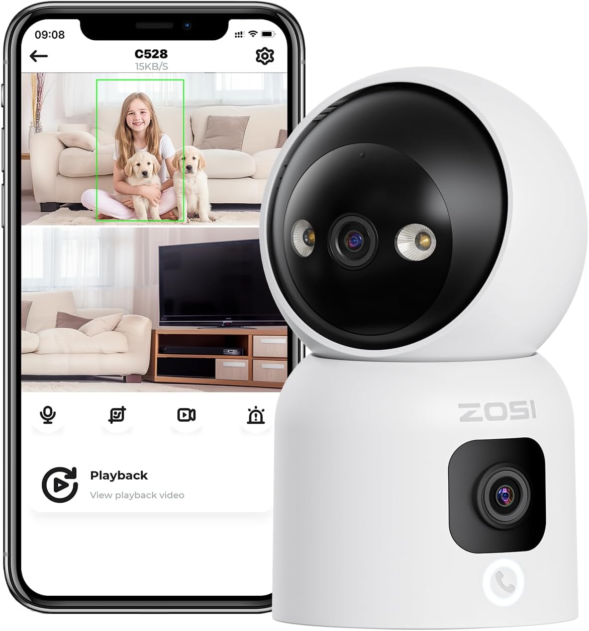 ZOSIDual-Lens 2K WiFi Security Camera Indoor, 355° Views Pan/Tilt Home CCTV Camera with 2 Way Audio, One-Touch Calling, Smart Person Detection, 2.4G/5G Dual-Band WiFi, C528