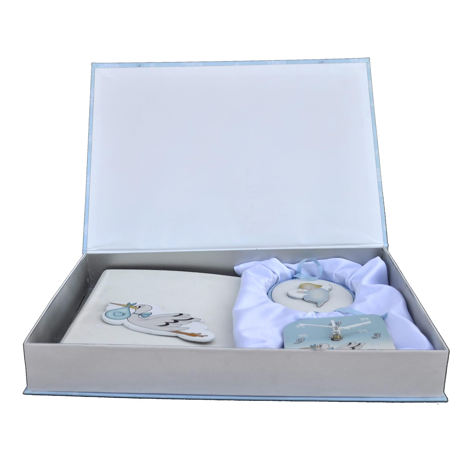 oggettando Sweet Ankunft: Geschenkset Storch mit Tagebuch, Tischuhr und Wiege mit Spieluhr für Neugeborene (Hellblau)