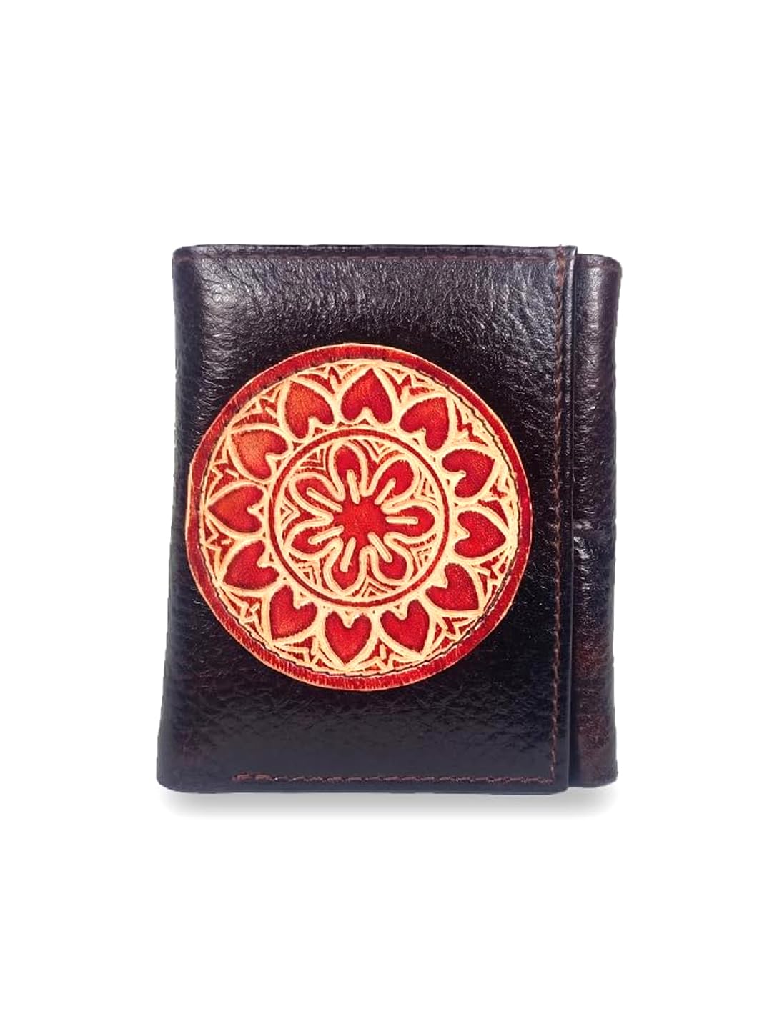 Shantiniketan Genuine Leather Brown Trifold Wallet, Mandala Art Design, Multiple Card Slots-image-37