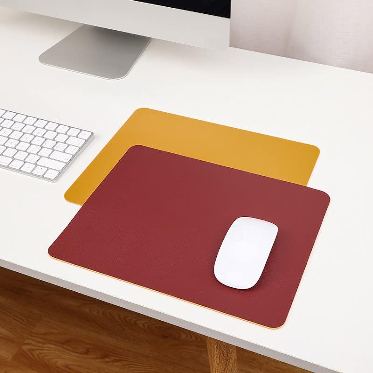 2pcs double-sided ultra-thin easy to clean PU leather office home computer mouse pad, 12 "X9 "inches (Red+Yellow)