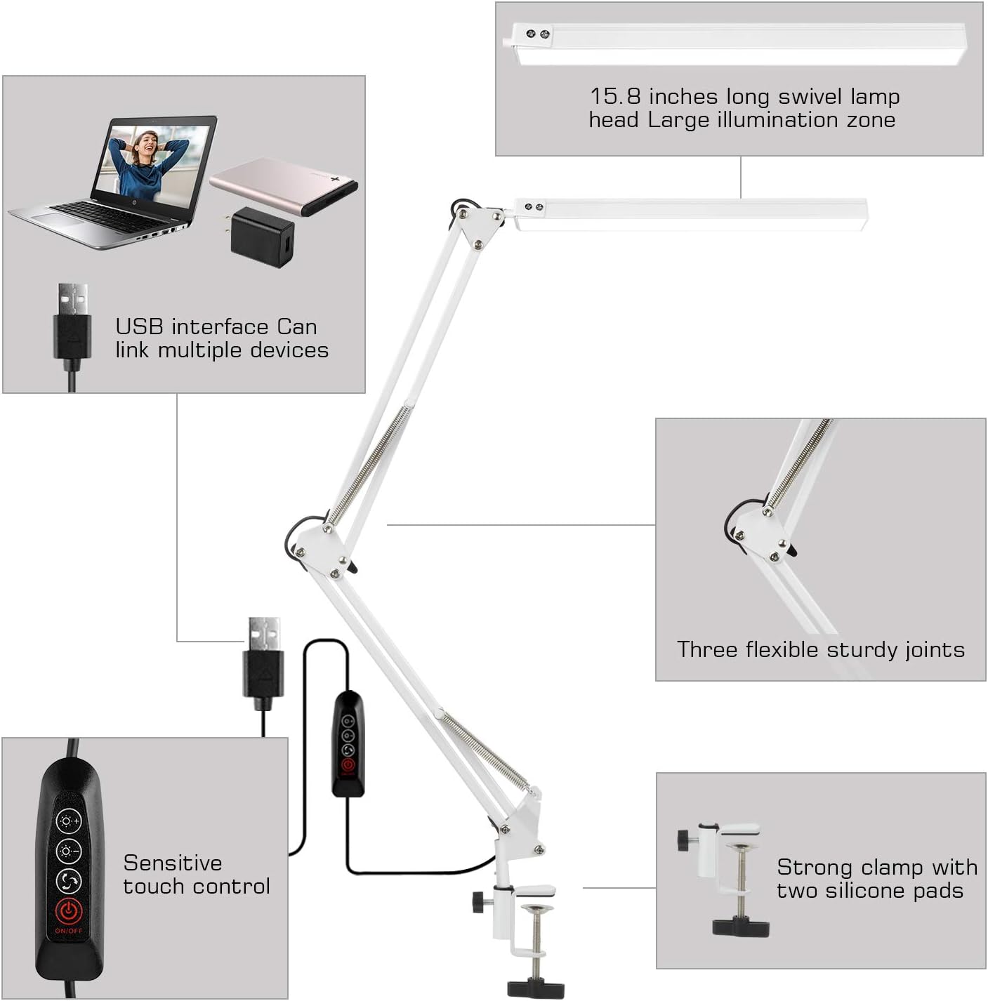AXUF LED Desk Lamp, Metal Swing Arm Desk Lamp with Clamp, Eye-Caring Architect Desk Light, Dimmable Table Lamp with 3 Color Modes 10 Brightness Levels & Adapter, Memory Function, White