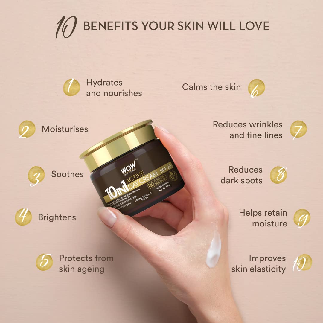 WOW 10 in 1 Active Miracle Day Cream with SPF 15 PA++ and Infused Shea and Cocoa Butter, Hydrolysed Collagen, Vitamin E, C and B5-50ml