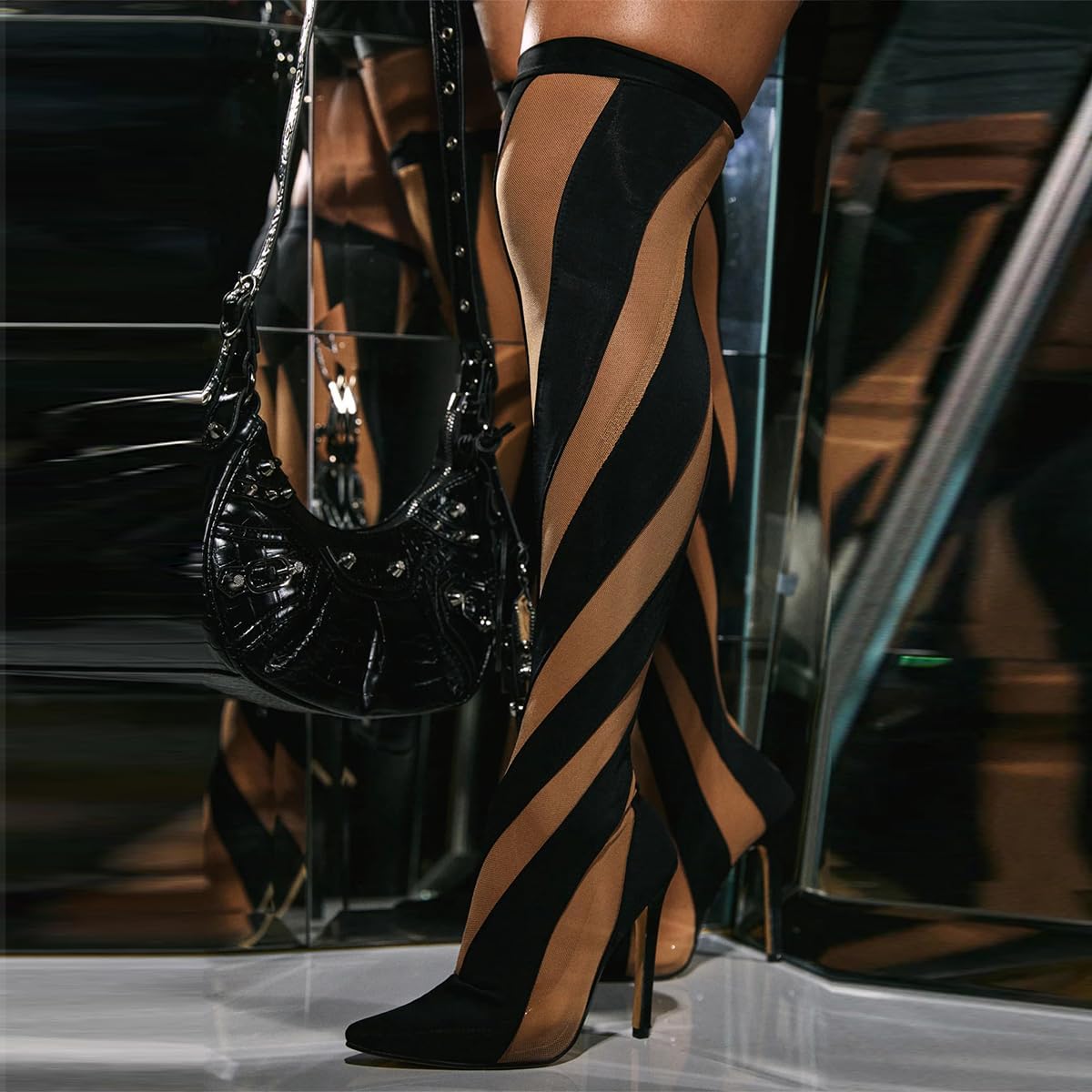 FSJ Women Sexy Pointed Toe Thigh High Boots Ladies Elastic Mesh Multicolor Over the Knee Boots Stretch Stiletto High Heel Long Nightclub Party Dress Shoes Size 4-16 US