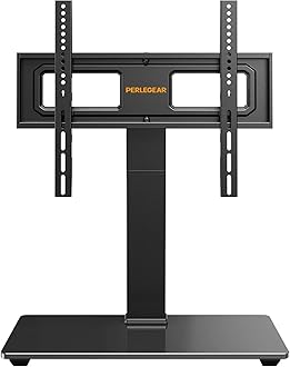 Perlegear Universal TV Stand, Swivel TV Stand Base for 32–70 inch TVs, Height Adjustable Table Top TV Stand Mount with Tilt, Tempered Glass Base, Holds up to 88 lbs, Max VESA 400x400mm, PGTVS26