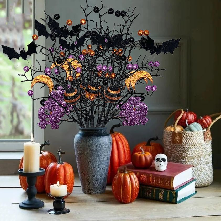 3 Pack Artificial Halloween Floral Picks Purple Orange Black Berry Stems Halloween Tree Branches with Glitter Ball for Halloween Party Flower Arrangement Centerpieces (Black) - Image 4