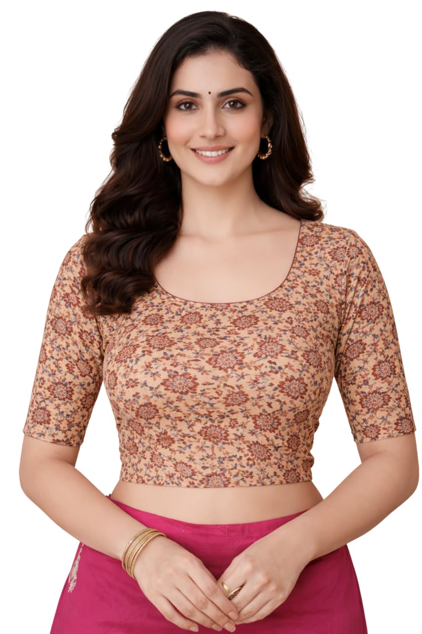 Amazon Brand – Anarva Women’s Kalamkari Print Cotton Stretchable Round Neck Readymade Saree Blouse