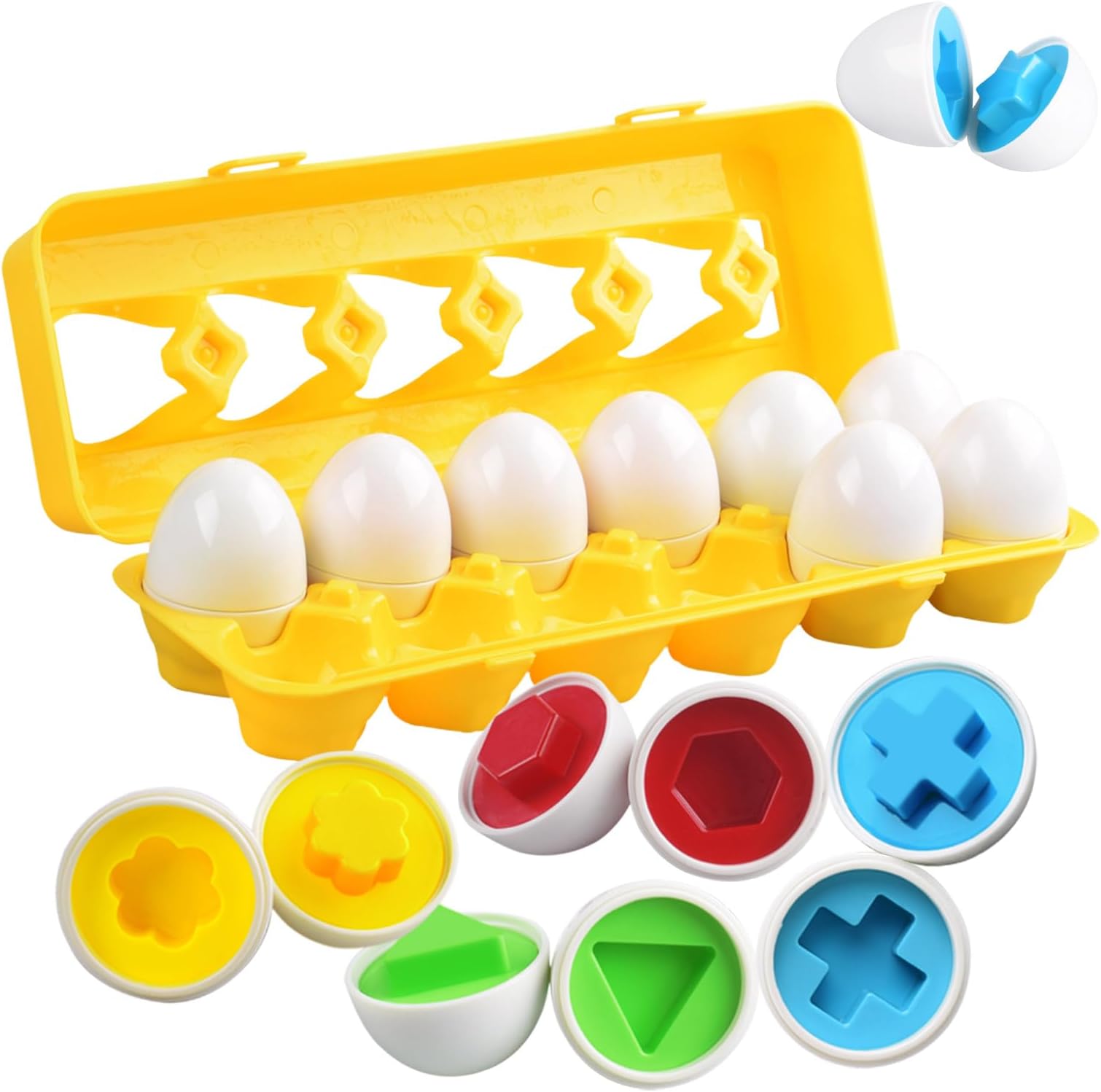 Matching Egg Toy 12 PCS for Toddlers Ages 1-3 Kids, Easter Eggs Shape & Color Recognition with Carton, Montessori Sensory Sorter Toddler Toys for Travel Play, Gifts for Year Old Baby (Yellow)