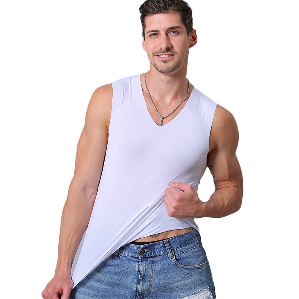 Muzboo Mens Casual Silk Tank Tops V-Neck Sleeveless Vest - White - XXL/3XL