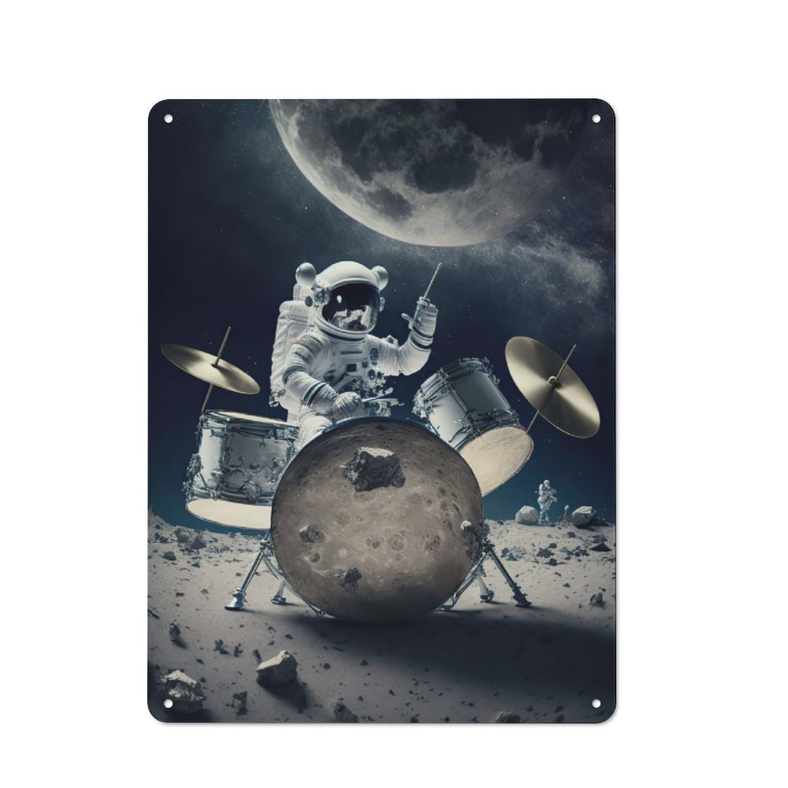 Junmoney Astronaut Playing Drums Rustic Tin Sign 40X30cm For Man Cave Or Games Room, A Decorative Gift For A Newly Furnished Man Cave And Games Room
