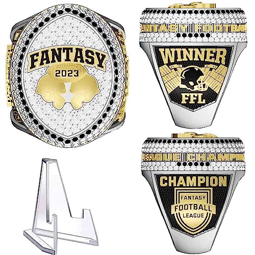 2023 Fantasy Football Championship Ring Stand Included - Gold or Silver | FFL Champion Ring With Many Bright Clear & Black Stones - Sizes 8 – 14 (14, included stand)