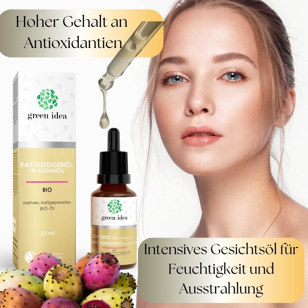 Green idea - Kaktusfeigenkernöl Bio Kaltgepresst mit Arganöl - Natürliches Anti-Aging-Gesichtsöl und Haaröl - Feuchtigkeit für Gesicht mit Antioxidativem Schutz - Gegen Augenringe - NaTrue 25 ml