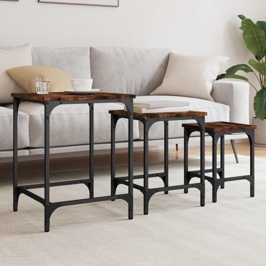 Lot de 3 tables basses en bois chêne fumé avec cadre métal salon