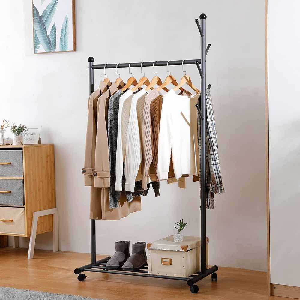 Portant à vêtements cintre polyvalent noir avec étagère à chaussures et rangement