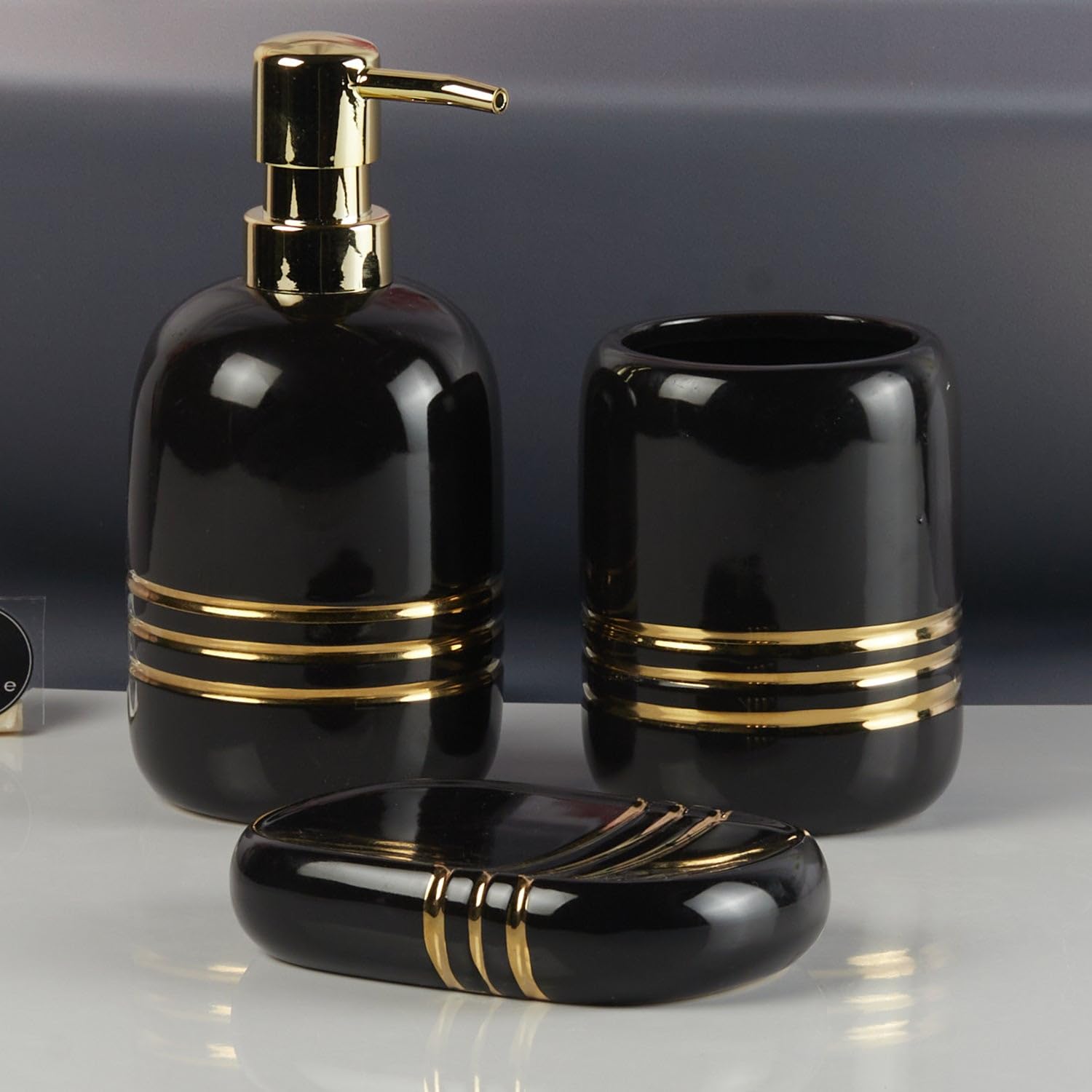 Kookee Ceramic Bathroom Accessories Set of 3, Modern Bath Set with Liquid handwash Soap Dispenser and Toothbrush Holder, Luxury Gift Accessory for Home, Black (11431)