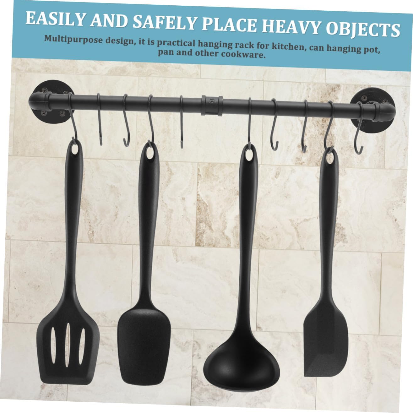 BESPORTBLE Wall-mounted Kitchen Pot Rack with Hooks, Industrial 13x60cm Steel Hanging Utensil Holder and Pan Rail for Kitchen Storage and Organization
