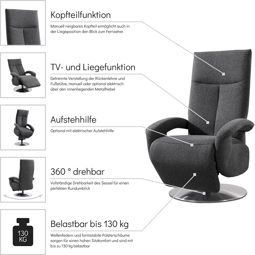 CAVADORE TV-Sessel Tirol / Fernsehsessel mit Aufstehhilfe, elektrisch verstellbarer Relaxfunktion / 2 E-Motoren / 74 x 112 x 82 / Strukturstoff: Grau