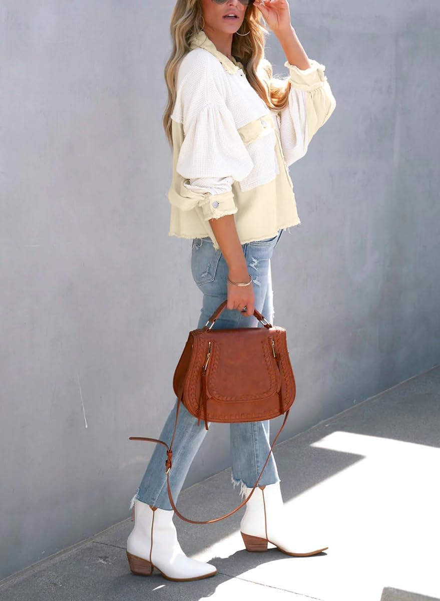 chouyatou Women's Cropped Waffle Knit Jacket Boyfriend Button Down Shirt Shacket Tops - Image 4