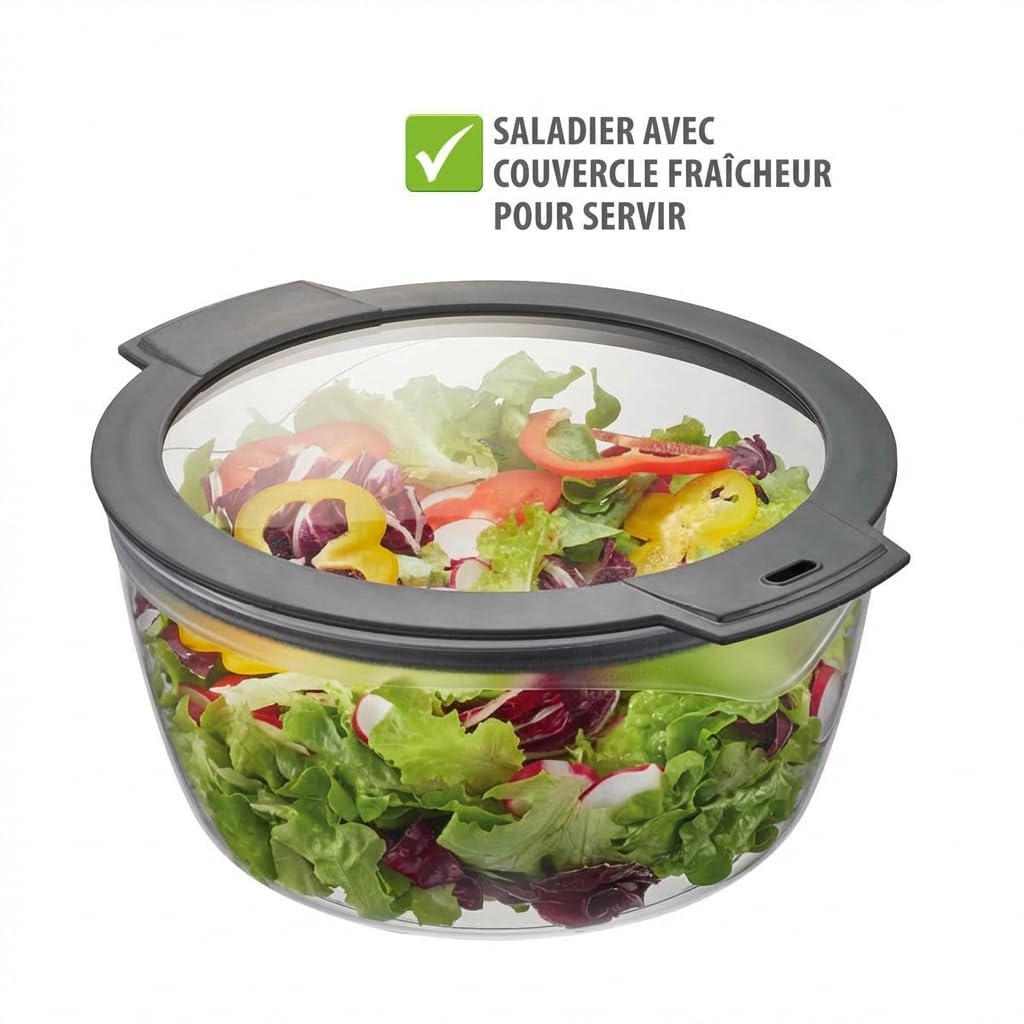 GEFU Essoreuse à salade avec couvercle fraîcheur | Bol en plastique de 3 l avec tamis et manivelle | Noir/gris