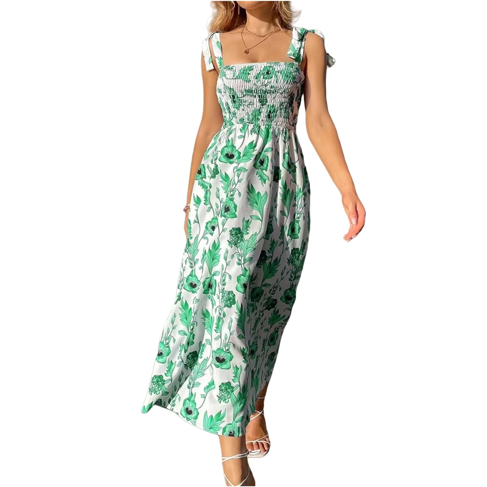 Abito Estivo Delle Donne Summer Spaghetti Straps Dress Ruched Senza Maniche Floreale Beach Dress, HUTALIM, Verde, l