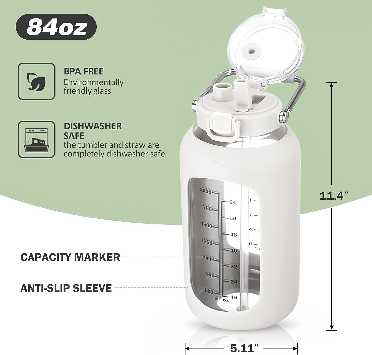 MUKOKO 84oz Glass Water Bottle with Time Marker and Silicone Sleeve 2.5L Water Jug with Stainless Steel Handle Gallon Drinking Bottle with 2-in-1 Lid Wide Mouth BPA Free, White - Image 5
