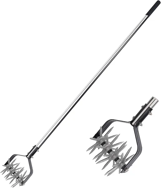 BARAYSTUS Rotary Garden Tool, Adjustable Hand Tiller, Long Handle Cultivator for Aerating, Weeding, Planting and Mixing Soil or Reseeding Grass