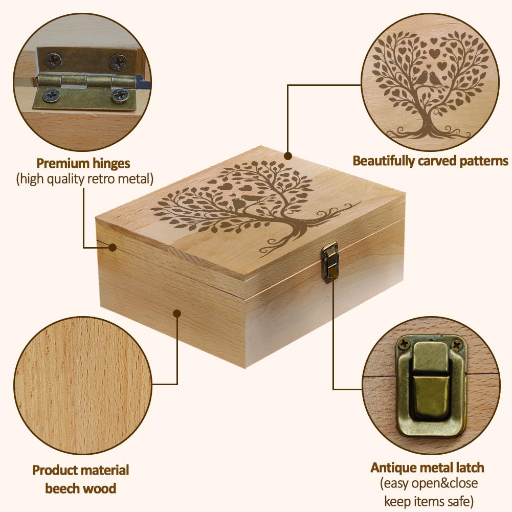 Arricraft 1 Pezzo Scatola per Ricordi in Legno, Albero dell'Amore a Forma di Cuore con Uccelli, Scatola per Memorie Decorativa in Legno con Coperchi a Cerniera per Foto di Anniversario, DVD, Lettere