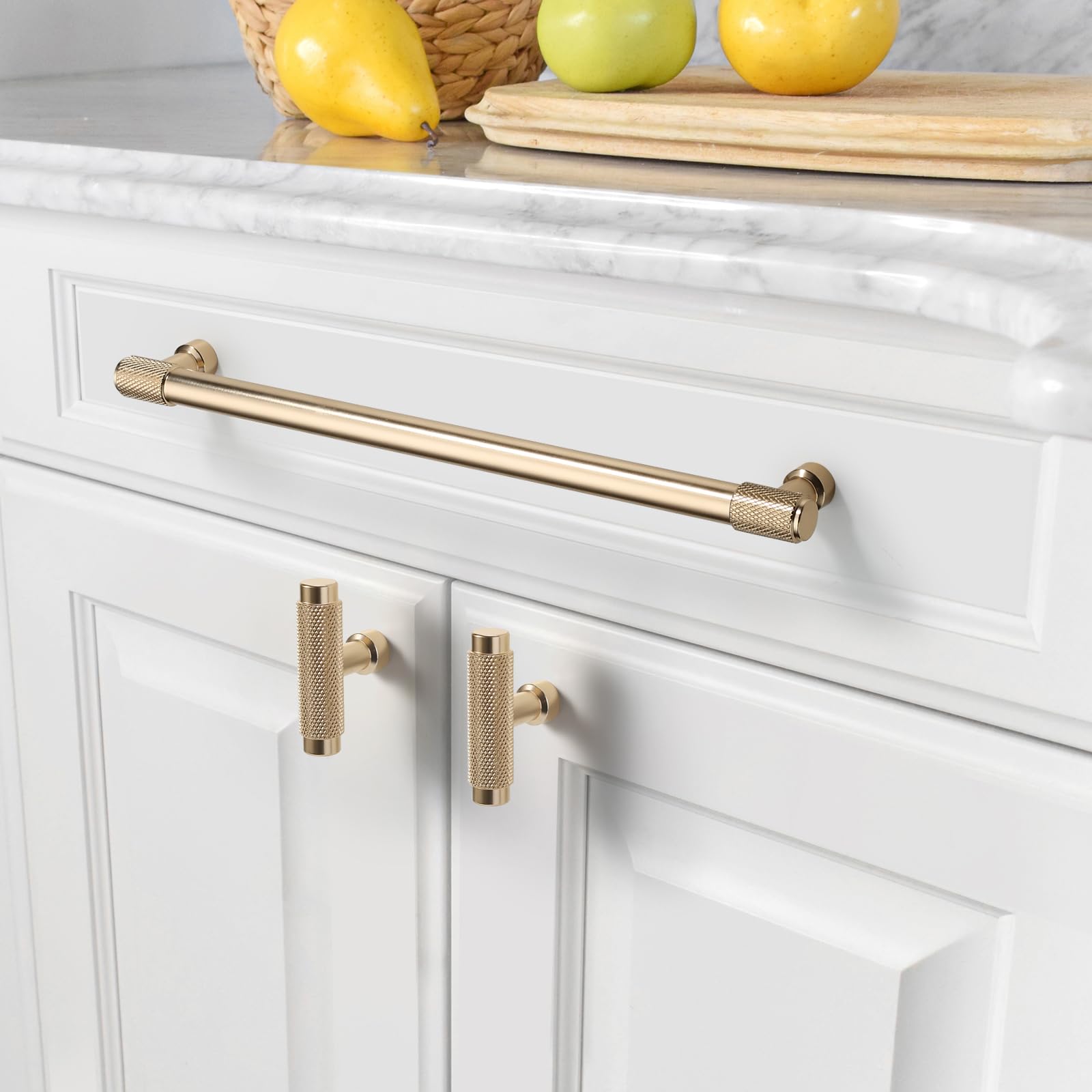 Amerdeco 10 Pack Brushed Brass Knurled Cabinet Pulls 9 Inch(228mm) Hole Center Gold Kitchen Cabinet Handles Drawer Pulls Cabinet Hardware ZH0034