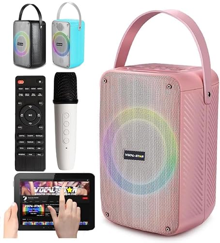 Vocal-Star FUNK Portable Karaoke Machine, Loud 60w Speaker with Light Effects, Wireless Microphone, Voice Changer and Sound Effects, Fun For Adults and Kids (Pink)