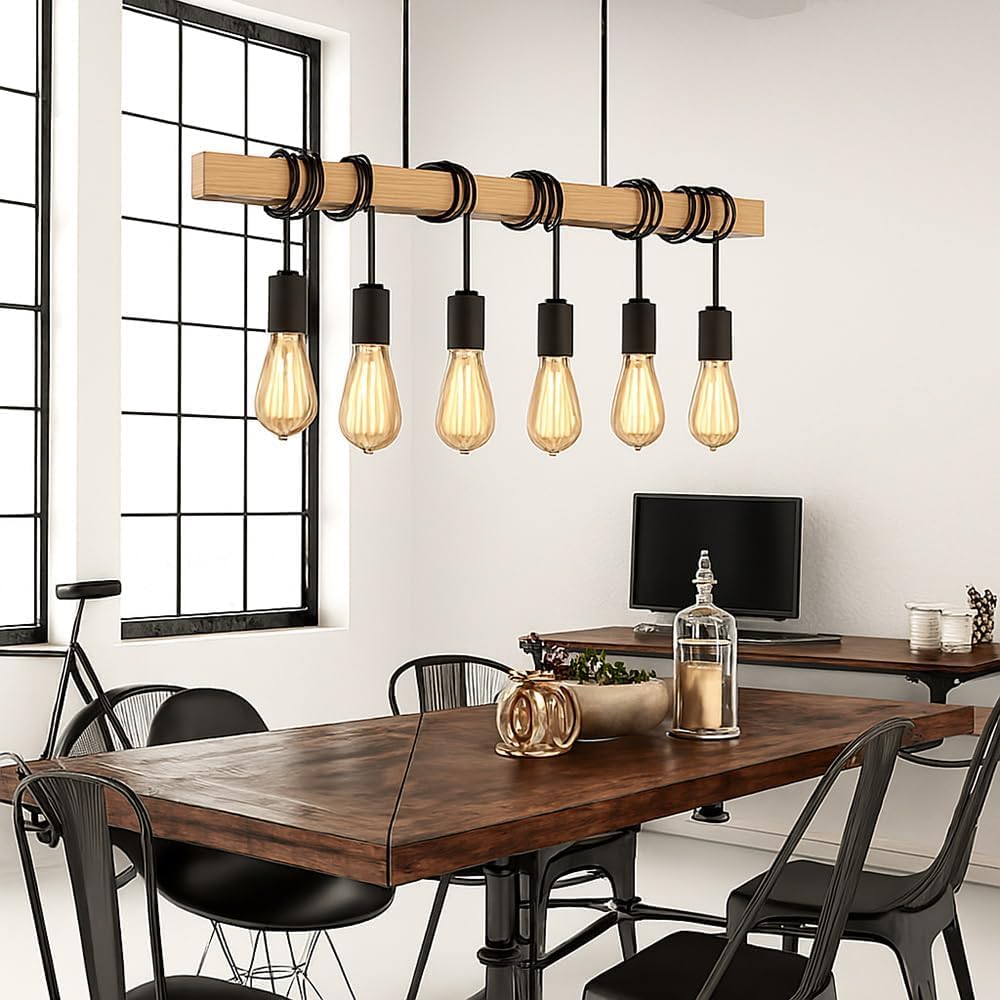 Lampada Sospesa a Soffitto con Paralume in Legno, Lampadario Design Industriale/Scandinavo con Attacco E27, per Cucina Isola Tavolo Bar, 110-240V, (Lampadina Non Inclusa) B47-6