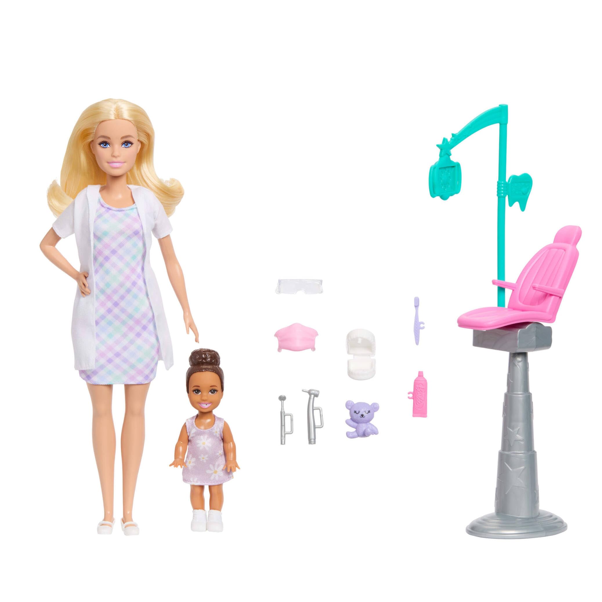 Barbie Careers Dentist Playset with Blonde Doll Wearing White Coat, Toddler Small Doll, Examination Chair & Accessories, JMK14