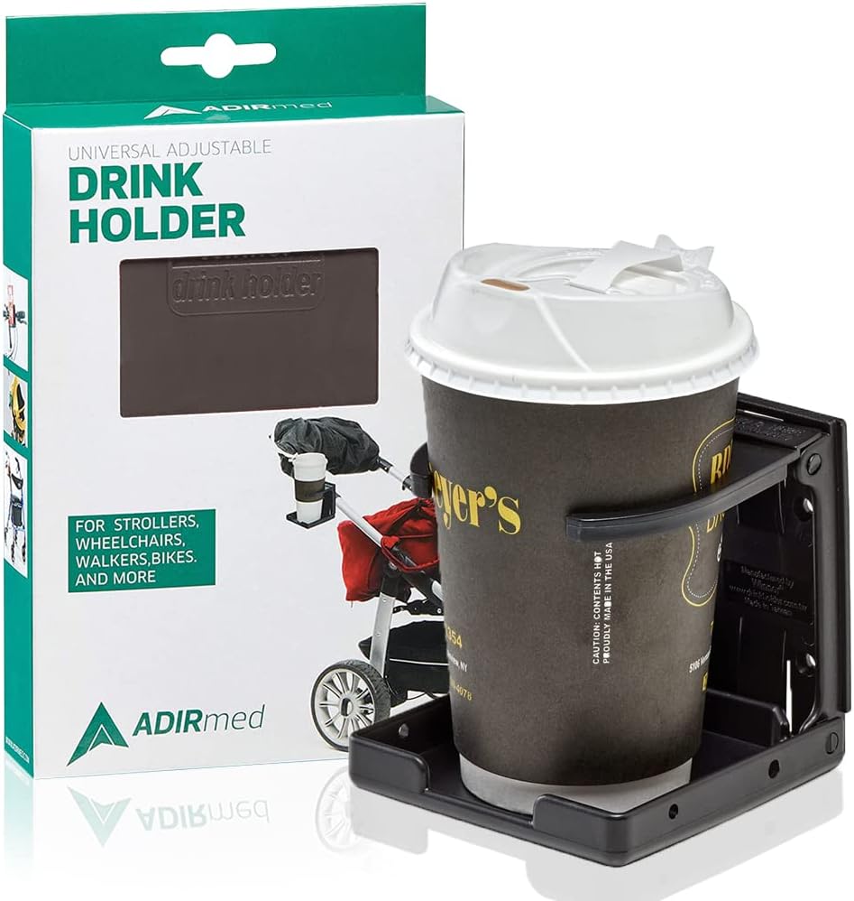 AdirMed Universal Drinking Cup Holder - for Any Kind of Strollers, Walkers, Bicycles, Wheelchairs, Rollator, Cane & Crutch (Black)