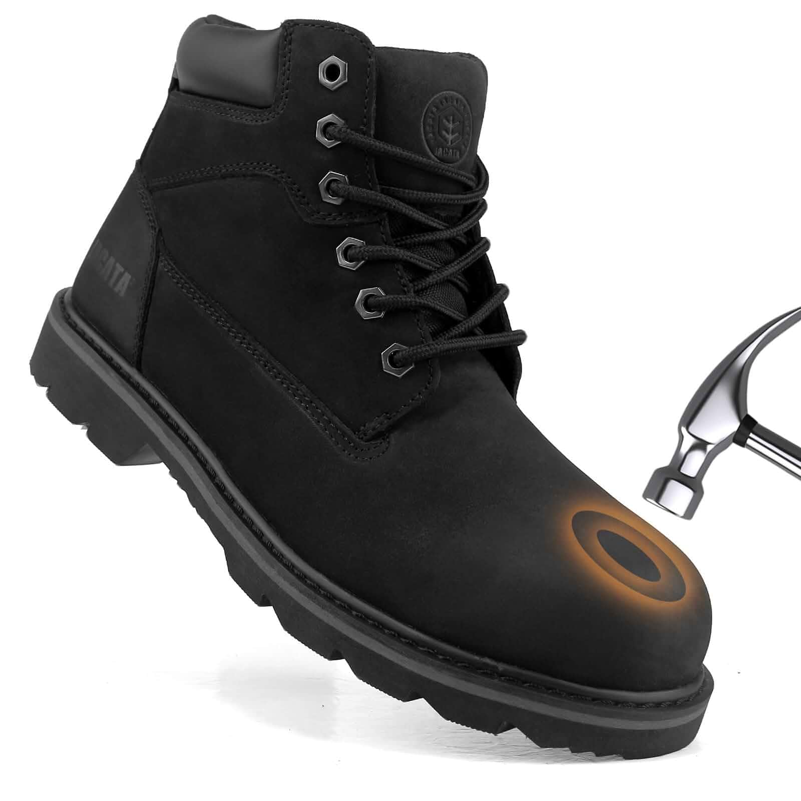 JacataSteel Toe Work Boots For Men Water Resistant Leather Men's Safety Shoes 6" Non Slip Rubber Industrial Construction Boot